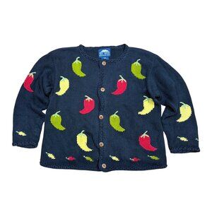 Vintage Rey Wear Hand-Knitted Black Cotton Cottagecore Cardigan Chili Peppers Pr